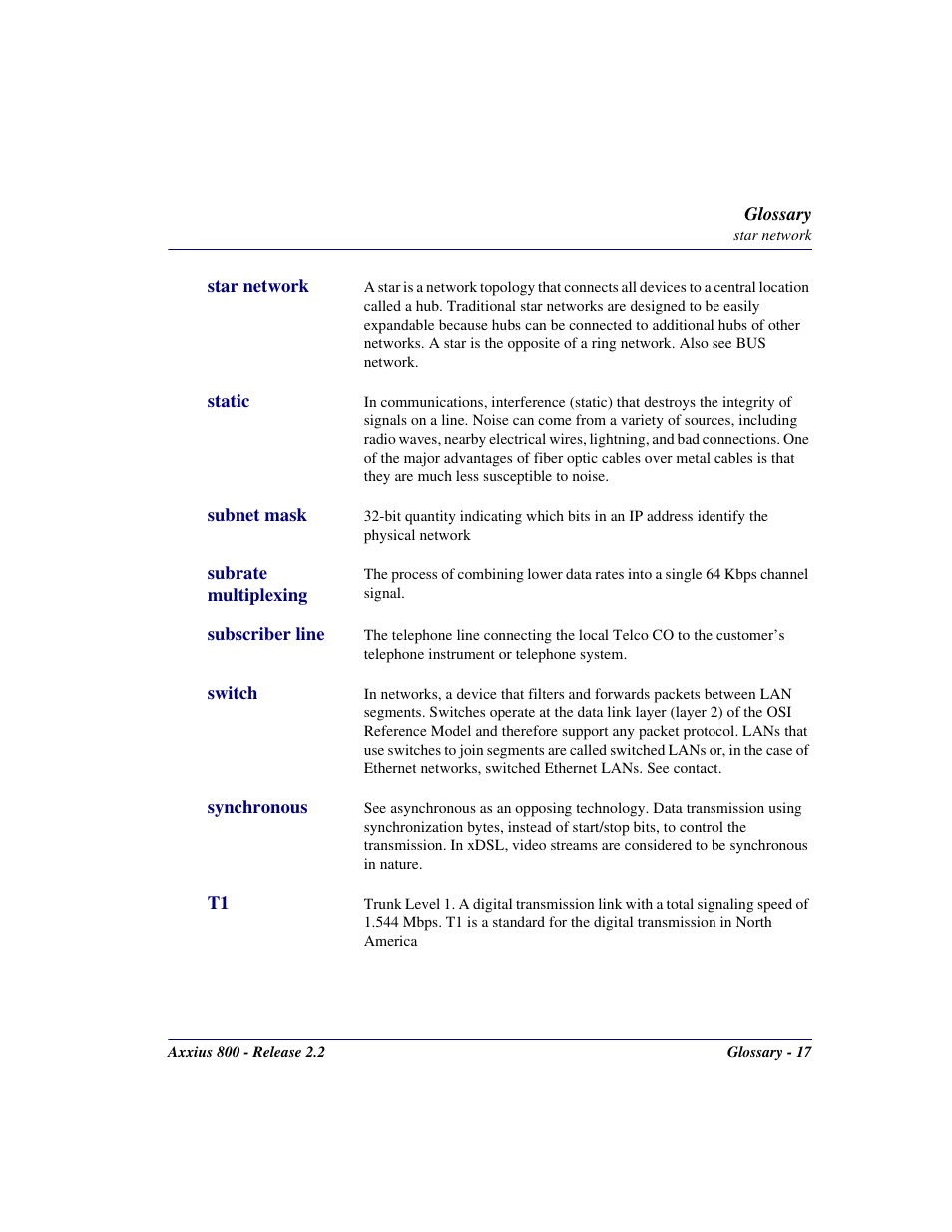 Star network, Static, Subnet mask | Subrate multiplexing, Subscriber line, Switch, Synchronous | Carrier Access Network Device Axxius 800 User Manual | Page 549 / 568