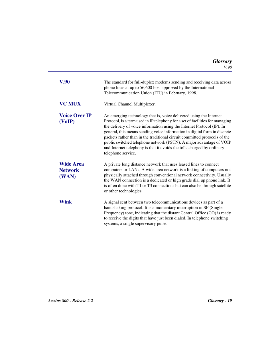 V.90, Vc mux, Voice over ip (voip) | Wide area network (wan), Wink | Carrier Access Network Device Axxius 800 User Manual | Page 551 / 568