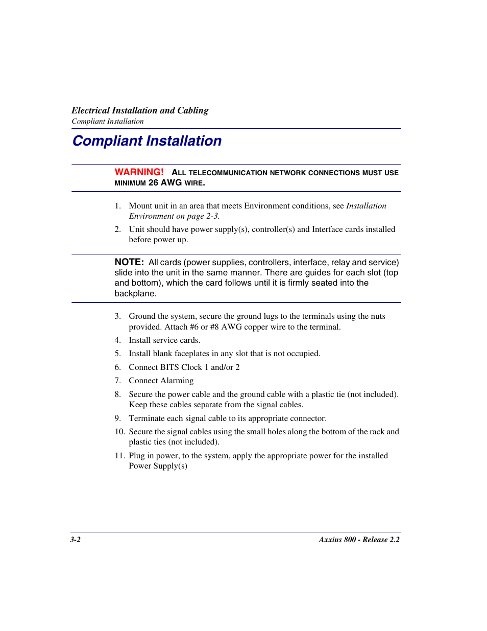 Compliant installation, Compliant installation -2 | Carrier Access Network Device Axxius 800 User Manual | Page 58 / 568