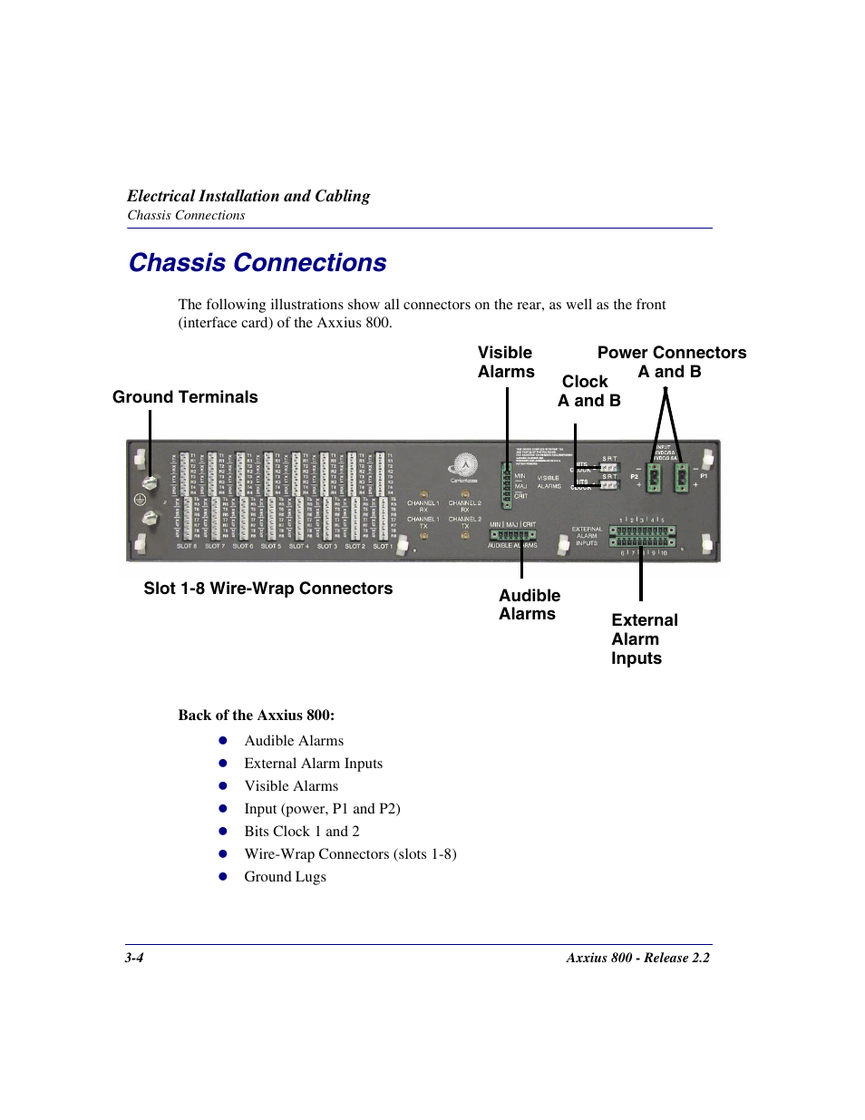 Chassis connections, Chassis connections -4 | Carrier Access Network Device Axxius 800 User Manual | Page 60 / 568