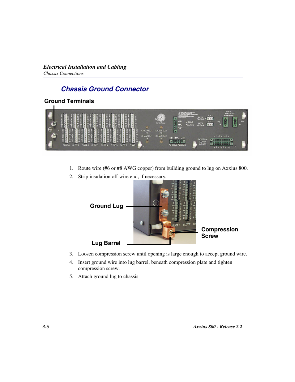 Chassis ground connector, Chassis ground connector -6 | Carrier Access Network Device Axxius 800 User Manual | Page 62 / 568