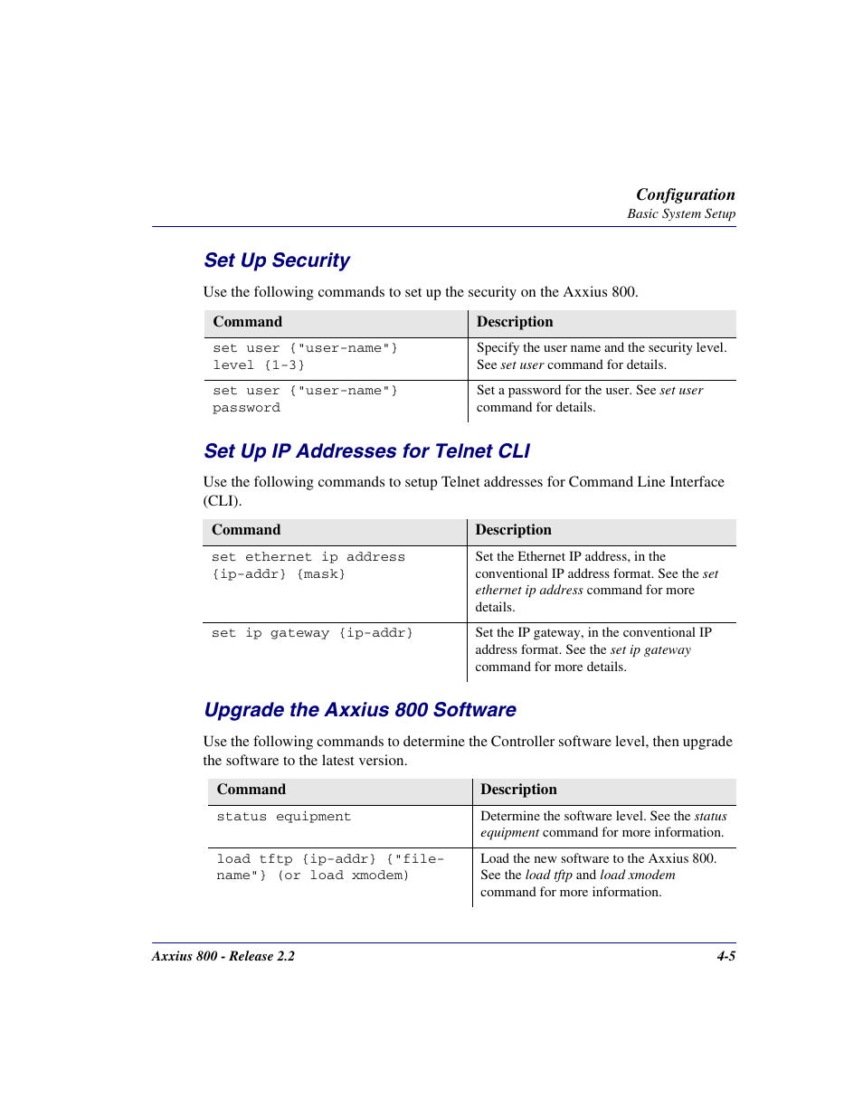 Set up security, Set up ip addresses for telnet cli, Upgrade the axxius 800 software | Carrier Access Network Device Axxius 800 User Manual | Page 77 / 568