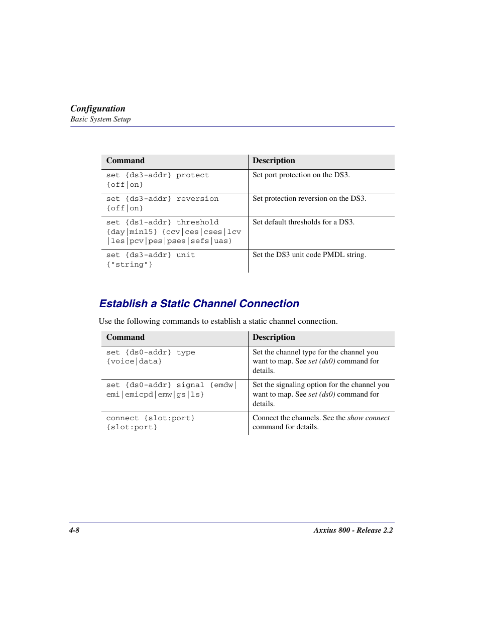 Establish a static channel connection, Establish a static channel connection -8 | Carrier Access Network Device Axxius 800 User Manual | Page 80 / 568