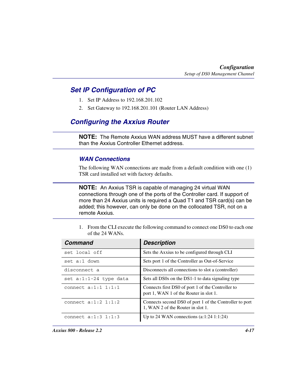 Set ip configuration of pc, Configuring the axxius router | Carrier Access Network Device Axxius 800 User Manual | Page 89 / 568