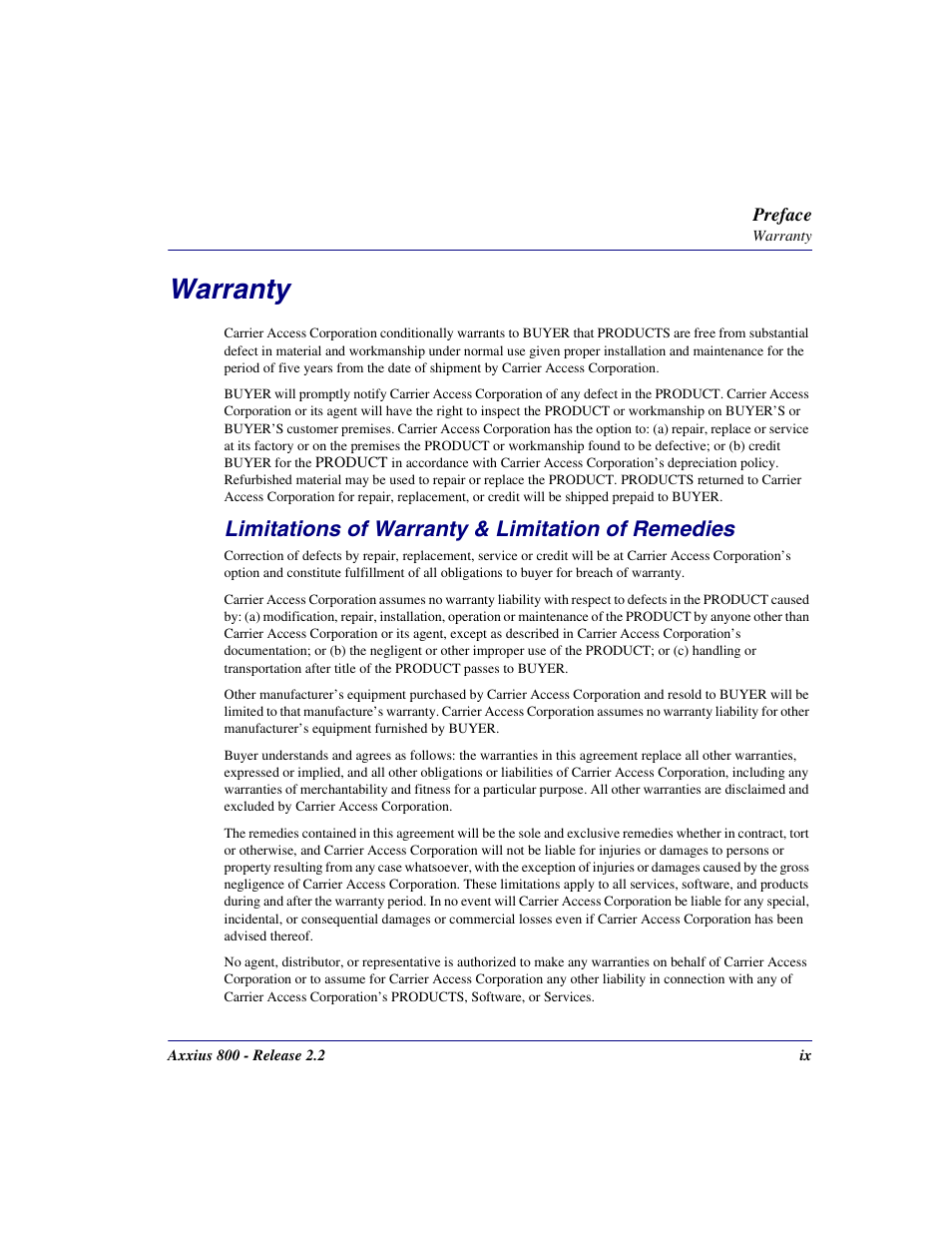 Limitations of warranty & limitation of remedies, Warranty | Carrier Access Network Device Axxius 800 User Manual | Page 9 / 568