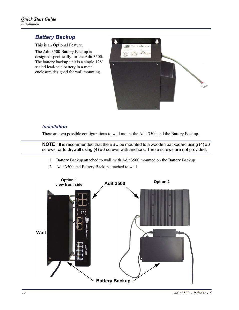 Battery backup | Carrier Access Adit 3500 User Manual | Page 12 / 52