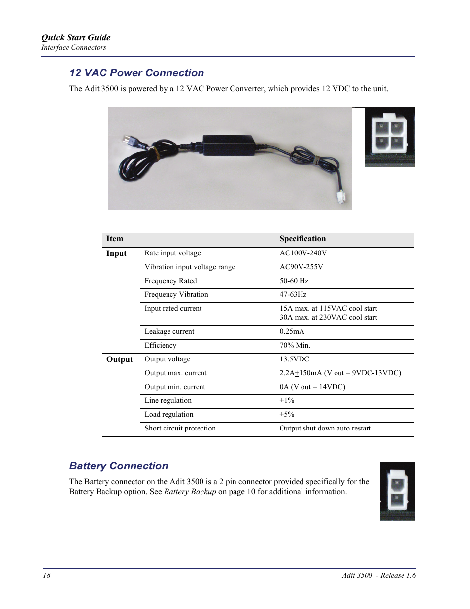 12 vac power connection, Battery connection | Carrier Access Adit 3500 User Manual | Page 18 / 52