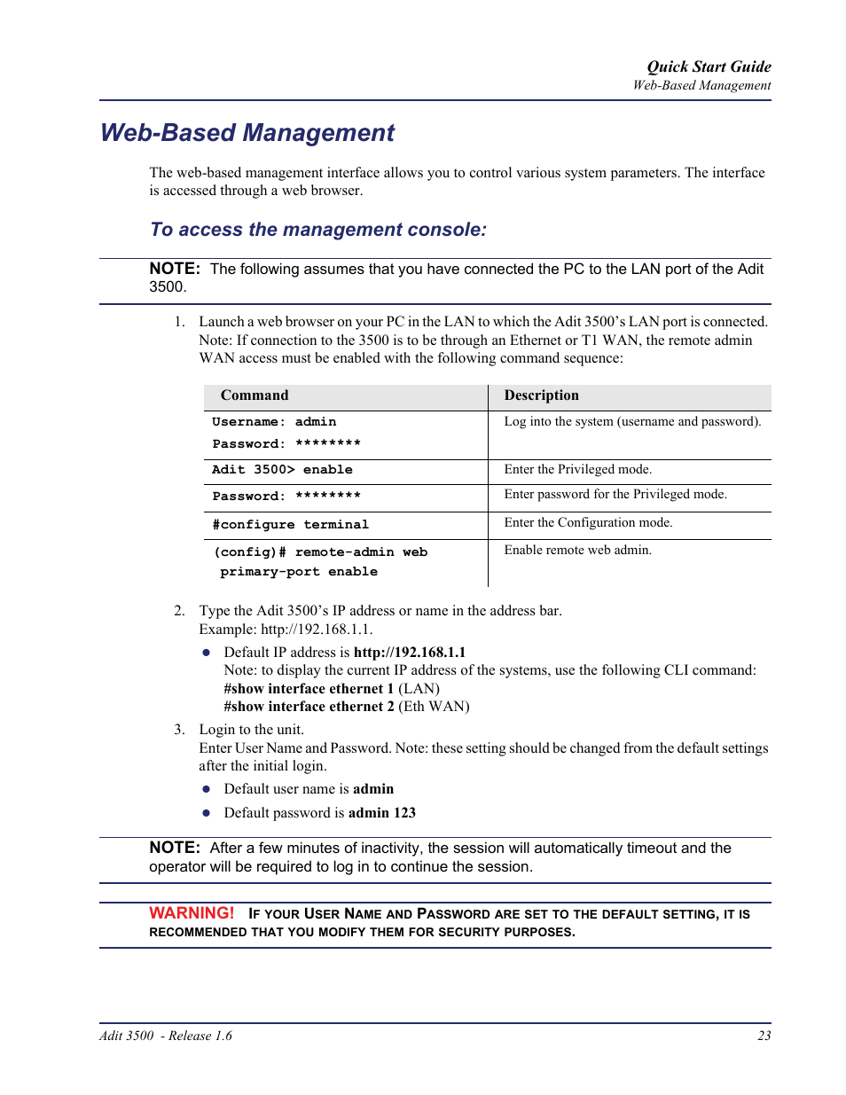 Web-based management, To access the management console | Carrier Access Adit 3500 User Manual | Page 23 / 52