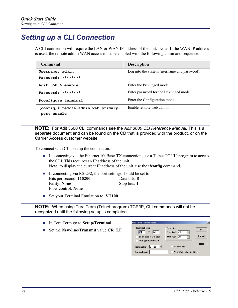 Setting up a cli connection | Carrier Access Adit 3500 User Manual | Page 24 / 52
