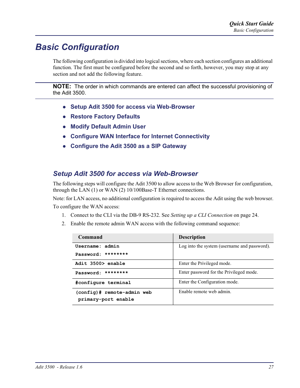 Basic configuration, Setup adit 3500 for access via web-browser | Carrier Access Adit 3500 User Manual | Page 27 / 52