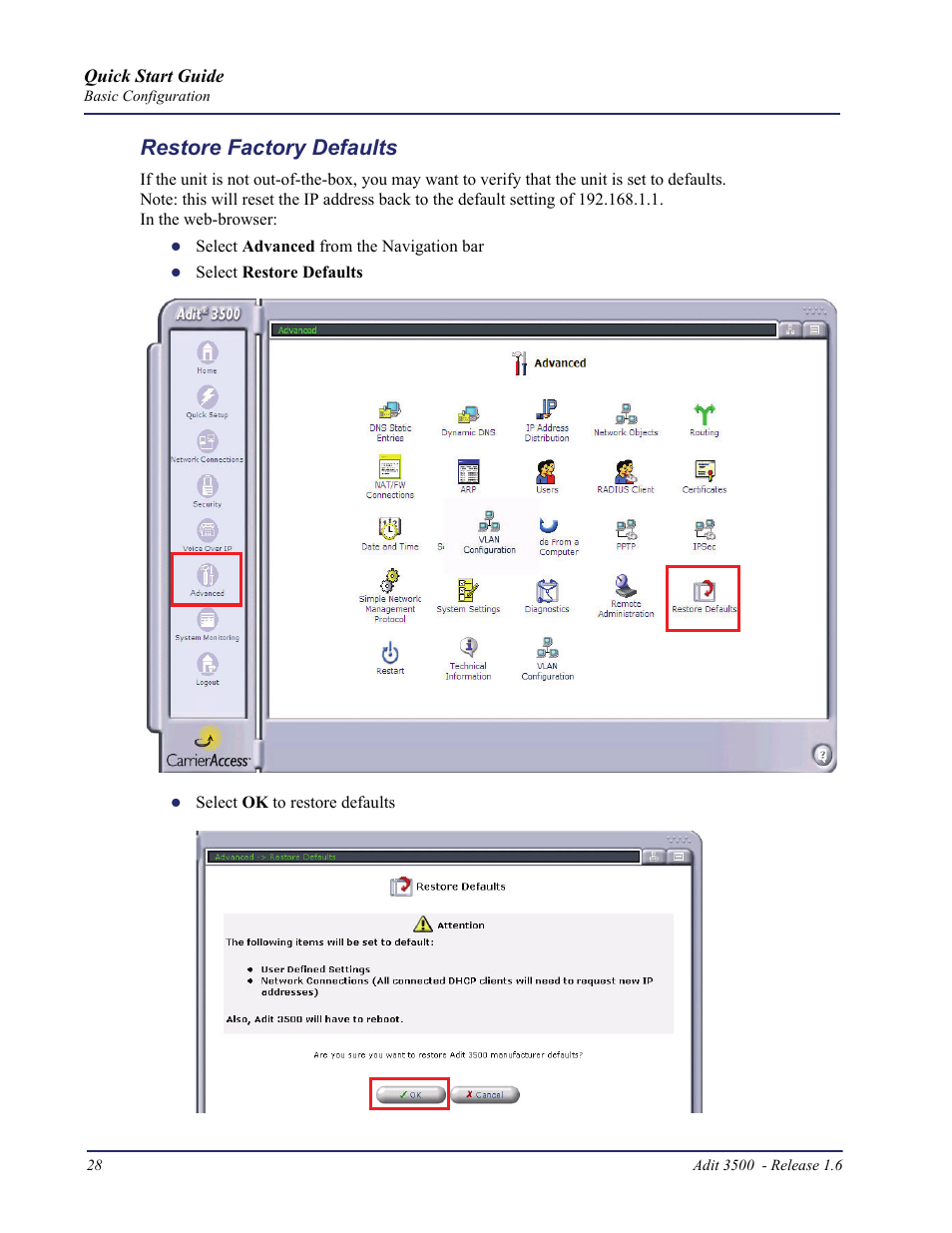 Restore factory defaults | Carrier Access Adit 3500 User Manual | Page 28 / 52