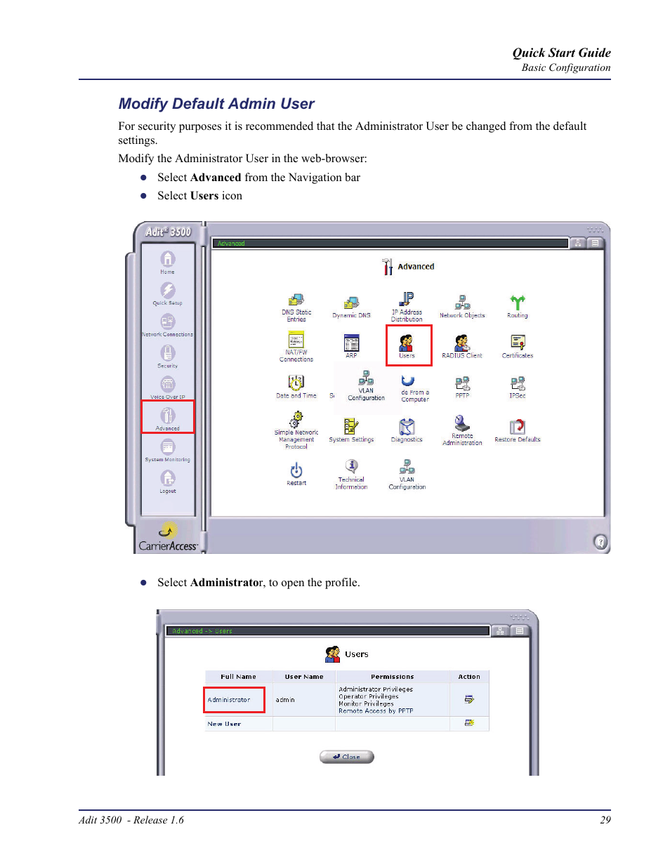 Modify default admin user | Carrier Access Adit 3500 User Manual | Page 29 / 52