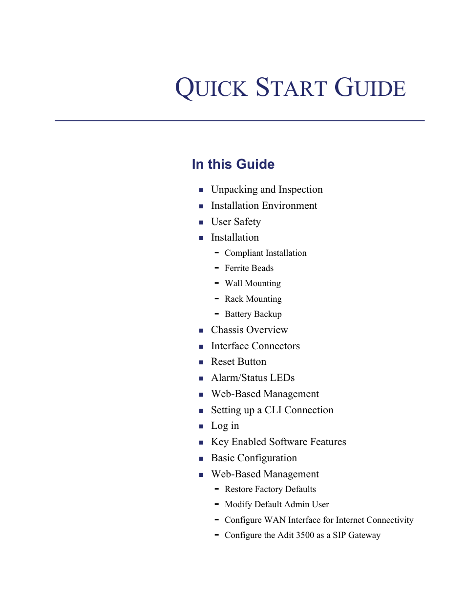 Uick, Tart, Uide | Carrier Access Adit 3500 User Manual | Page 3 / 52