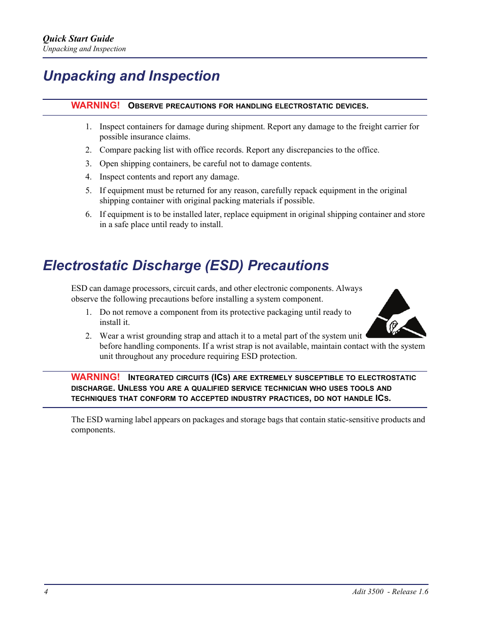 Unpacking and inspection, Electrostatic discharge (esd) precautions | Carrier Access Adit 3500 User Manual | Page 4 / 52