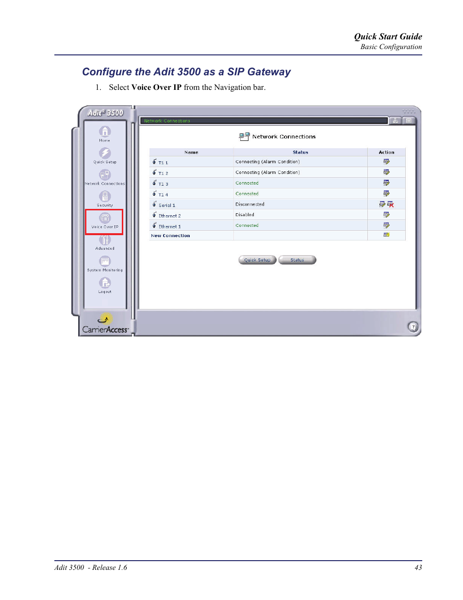 Configure the adit 3500 as a sip gateway | Carrier Access Adit 3500 User Manual | Page 43 / 52