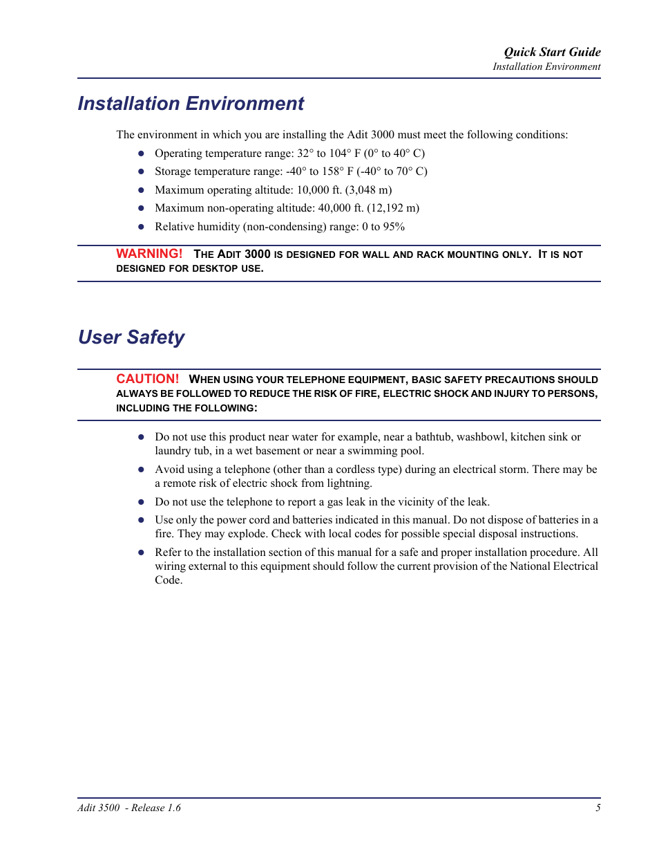 Installation environment, User safety | Carrier Access Adit 3500 User Manual | Page 5 / 52