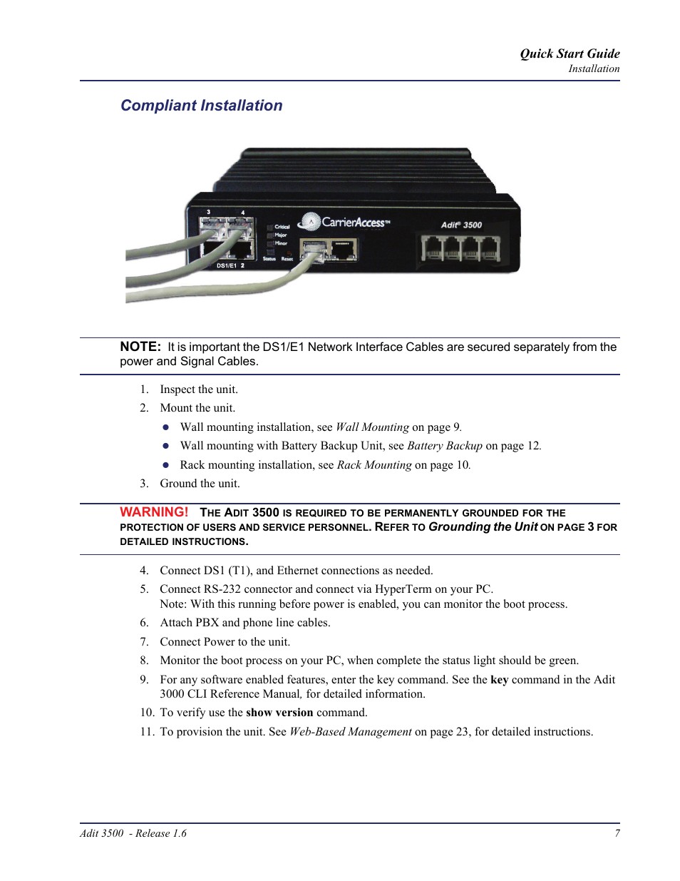 Compliant installation | Carrier Access Adit 3500 User Manual | Page 7 / 52