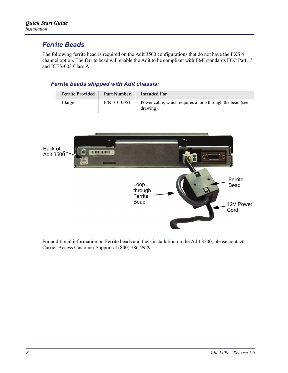 Ferrite beads | Carrier Access Adit 3500 User Manual | Page 8 / 52