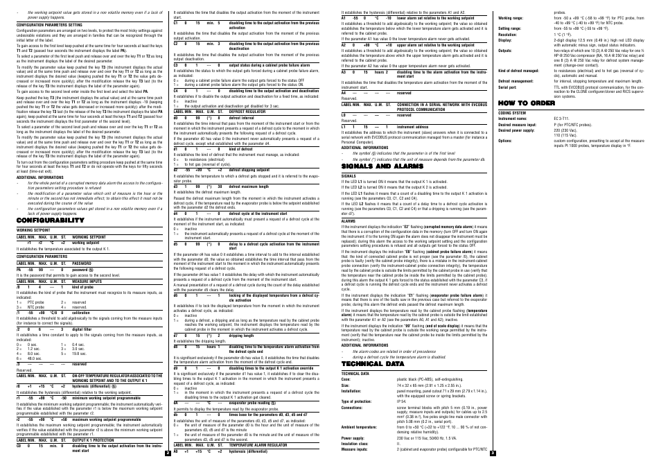 Configurability, Signals and alarms, Technical da | How to order | EVCO EC3T11 User Manual | Page 2 / 2