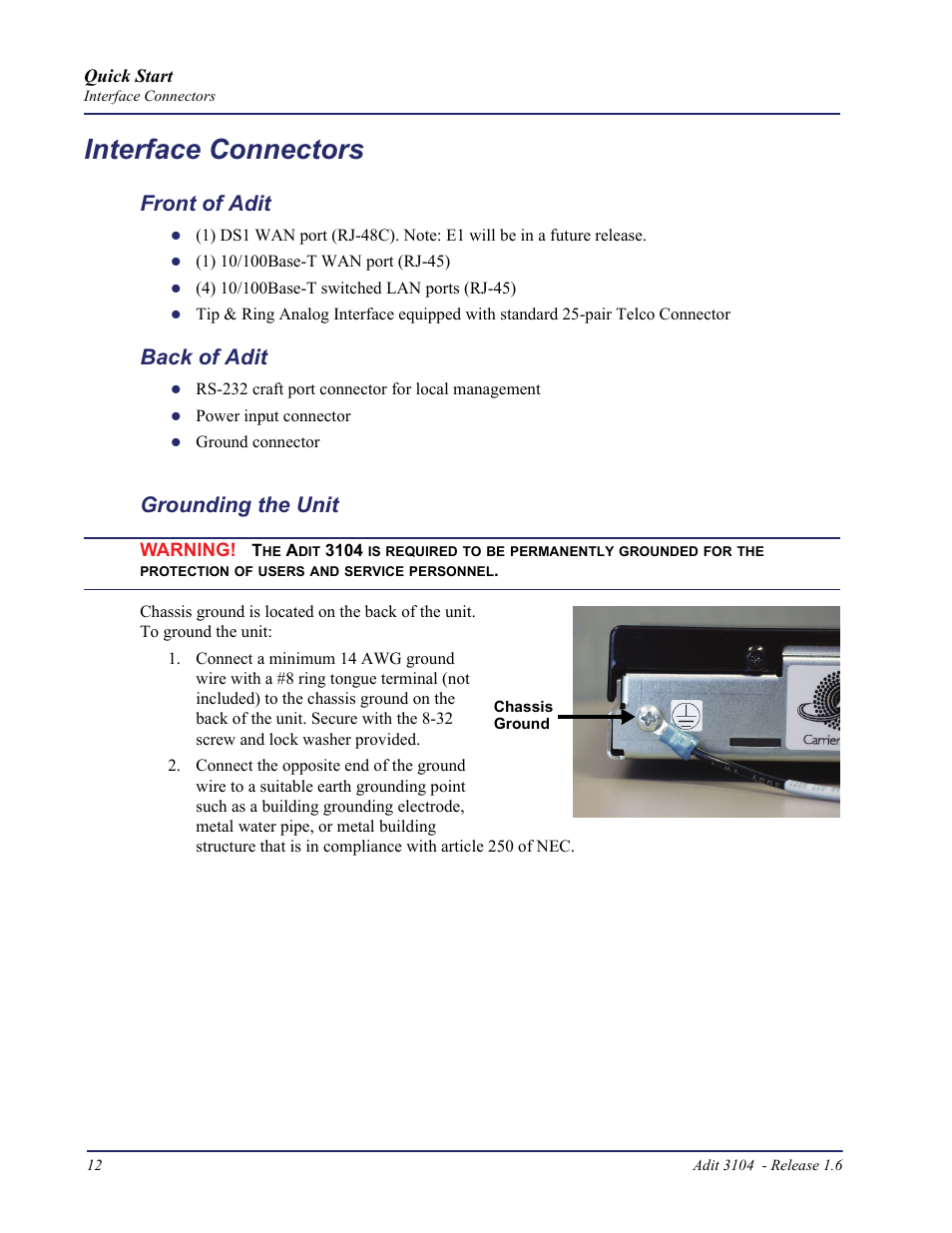Interface connectors, Front of adit, Back of adit | Grounding the unit | Carrier Access Bridge/Router 3104s User Manual | Page 12 / 34