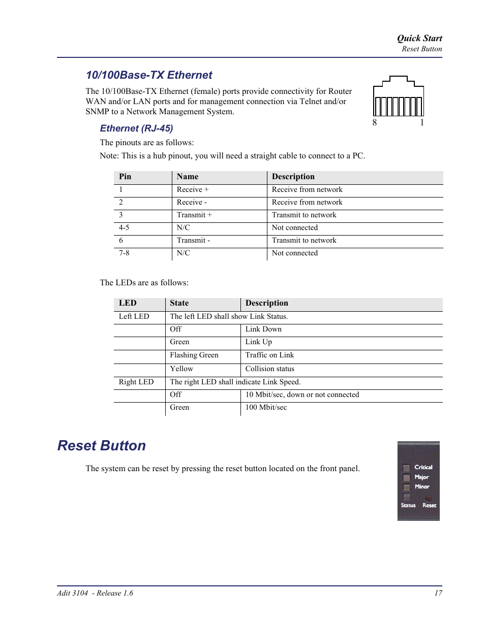 10/100base-tx ethernet, Reset button | Carrier Access Bridge/Router 3104s User Manual | Page 17 / 34