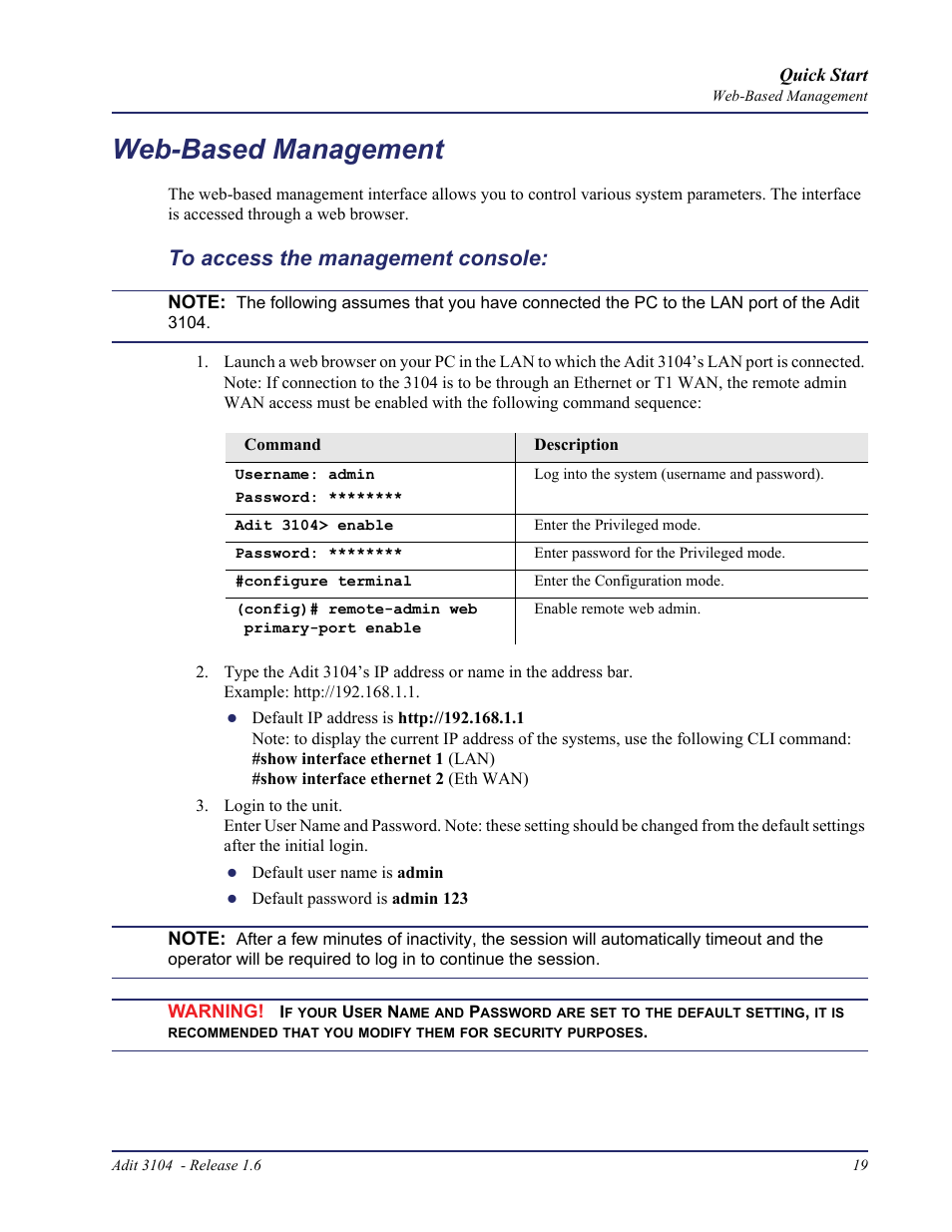 Web-based management, To access the management console | Carrier Access Bridge/Router 3104s User Manual | Page 19 / 34
