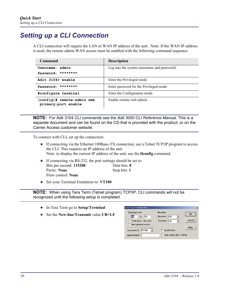 Setting up a cli connection | Carrier Access Bridge/Router 3104s User Manual | Page 20 / 34