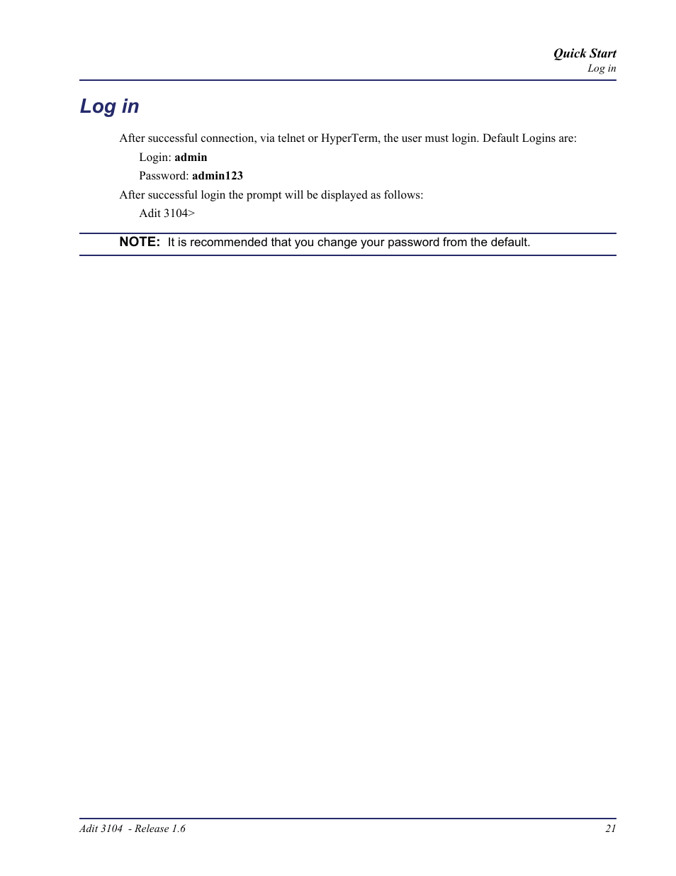 Log in | Carrier Access Bridge/Router 3104s User Manual | Page 21 / 34