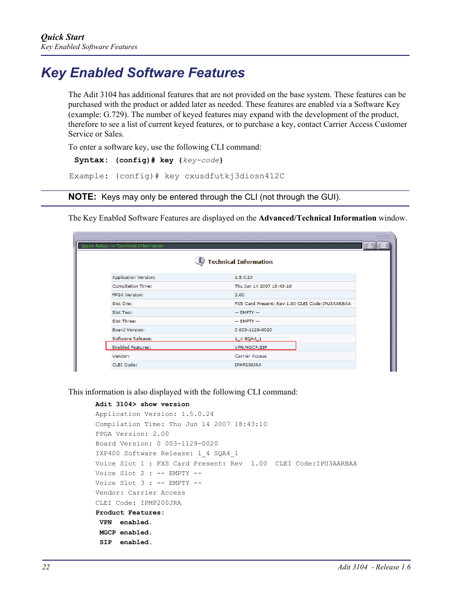 Key enabled software features | Carrier Access Bridge/Router 3104s User Manual | Page 22 / 34