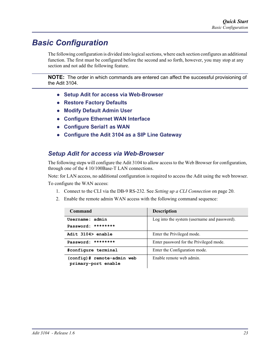 Basic configuration, Setup adit for access via web-browser | Carrier Access Bridge/Router 3104s User Manual | Page 23 / 34