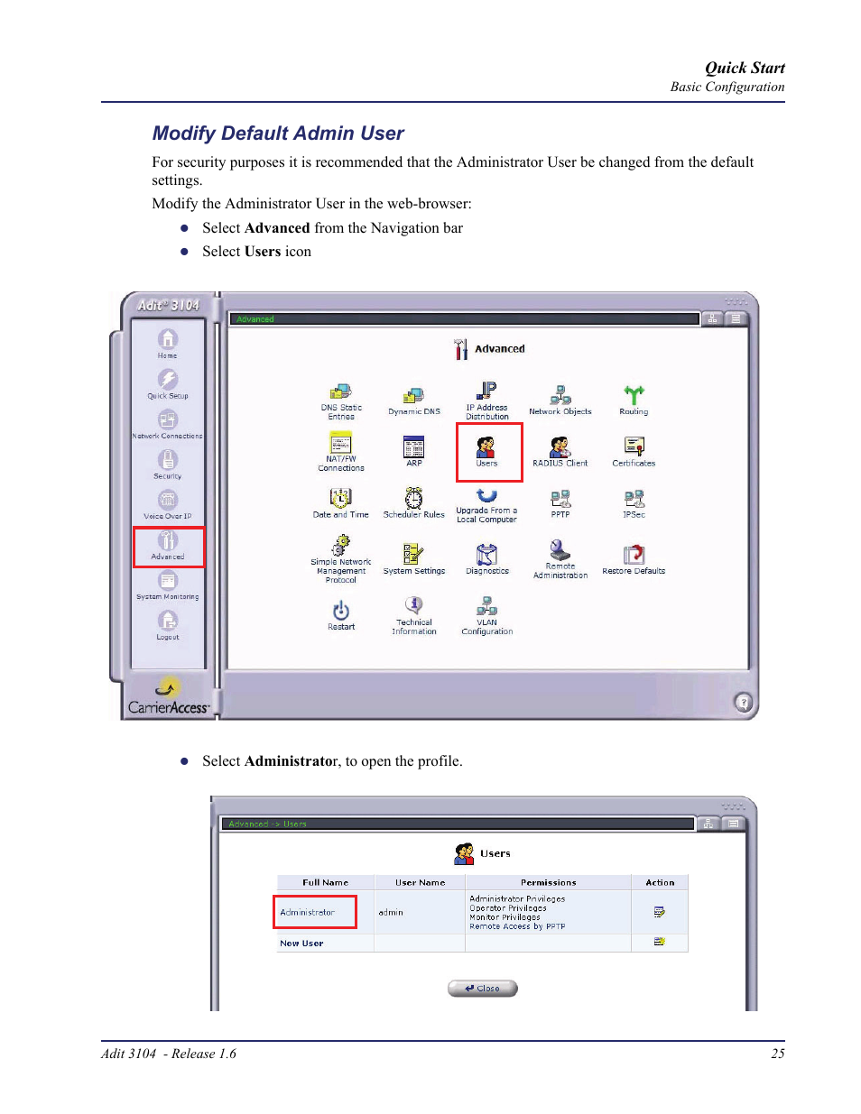 Modify default admin user | Carrier Access Bridge/Router 3104s User Manual | Page 25 / 34