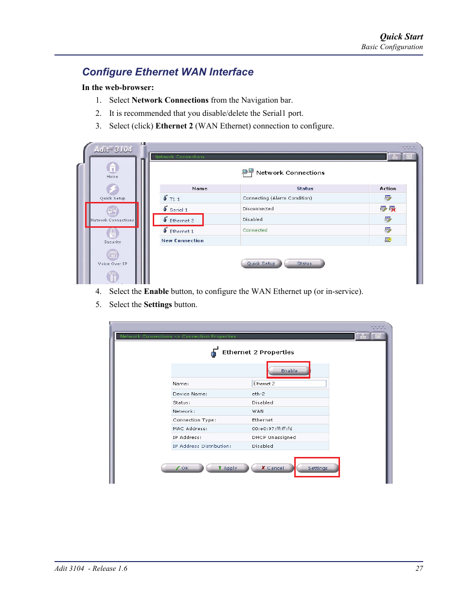 Configure ethernet wan interface | Carrier Access Bridge/Router 3104s User Manual | Page 27 / 34
