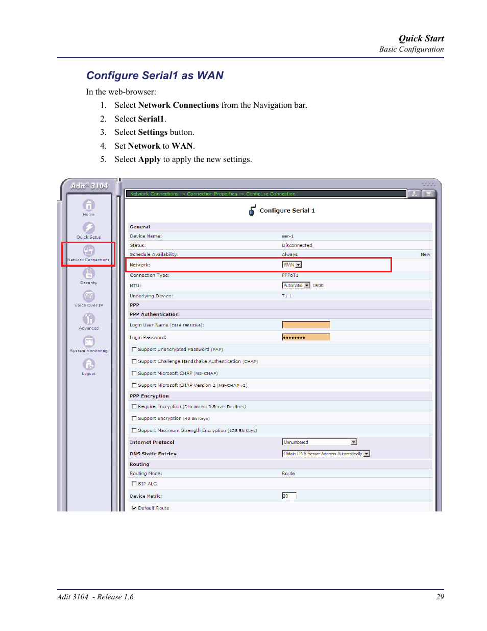 Configure serial1 as wan | Carrier Access Bridge/Router 3104s User Manual | Page 29 / 34