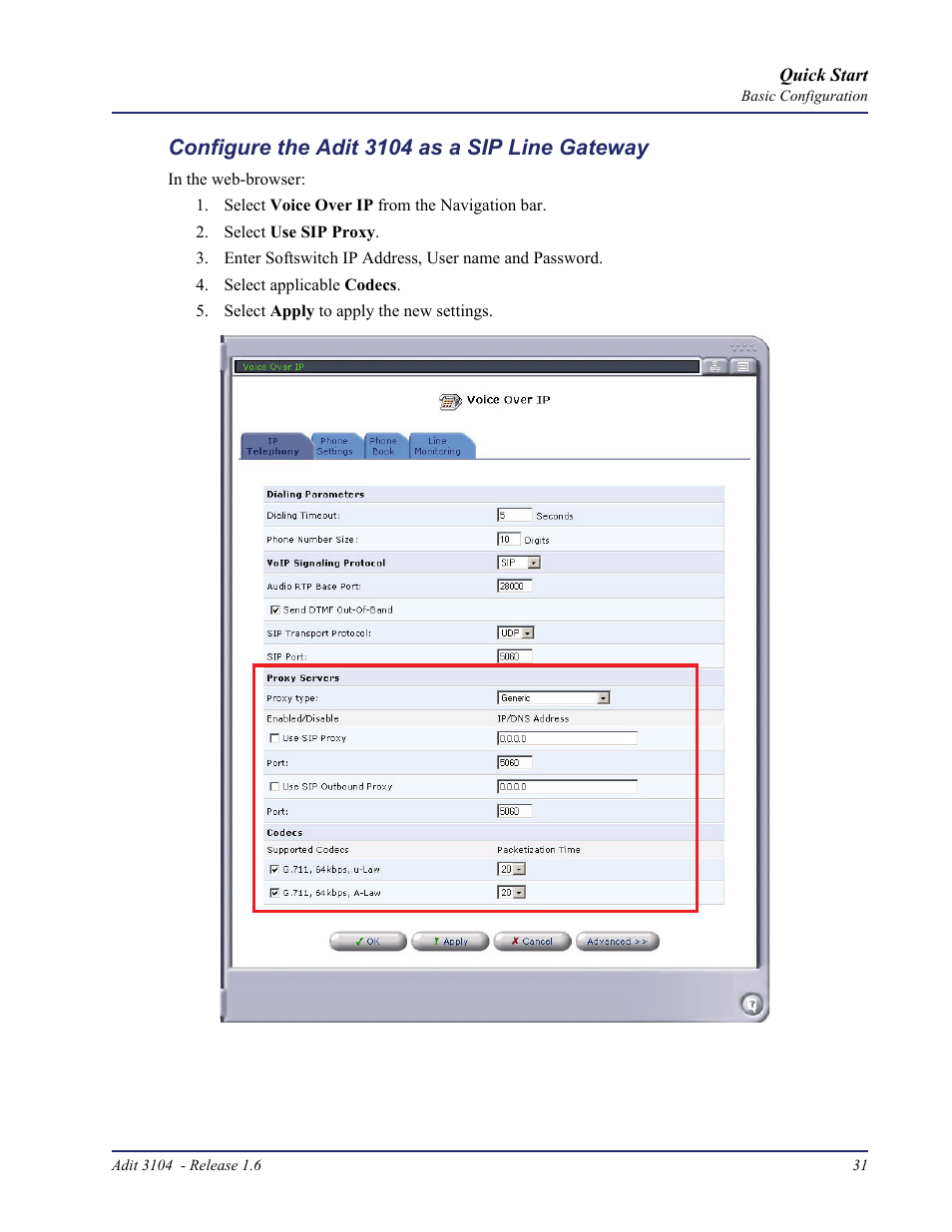 Configure the adit 3104 as a sip line gateway | Carrier Access Bridge/Router 3104s User Manual | Page 31 / 34