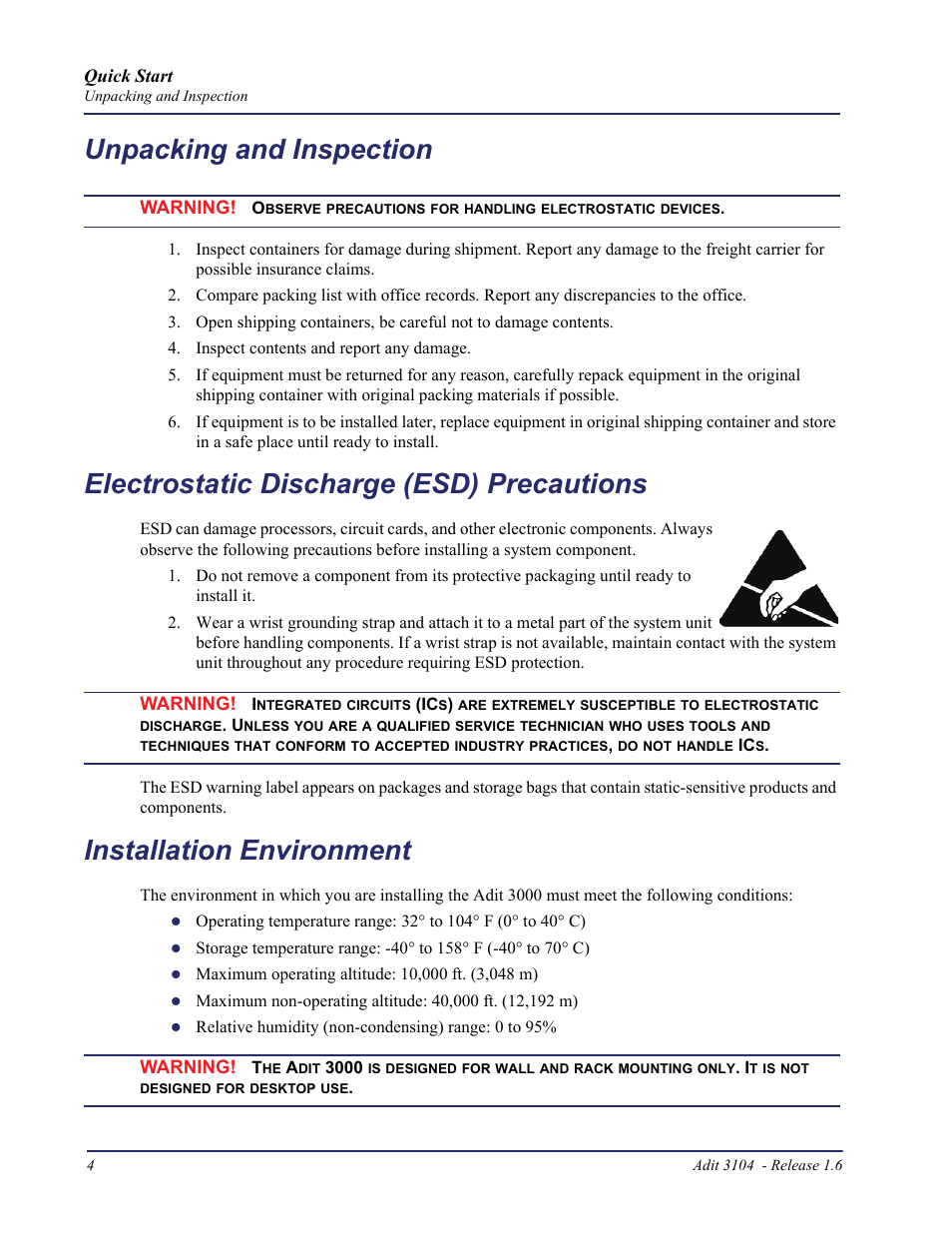 Unpacking and inspection, Electrostatic discharge (esd) precautions, Installation environment | Carrier Access Bridge/Router 3104s User Manual | Page 4 / 34