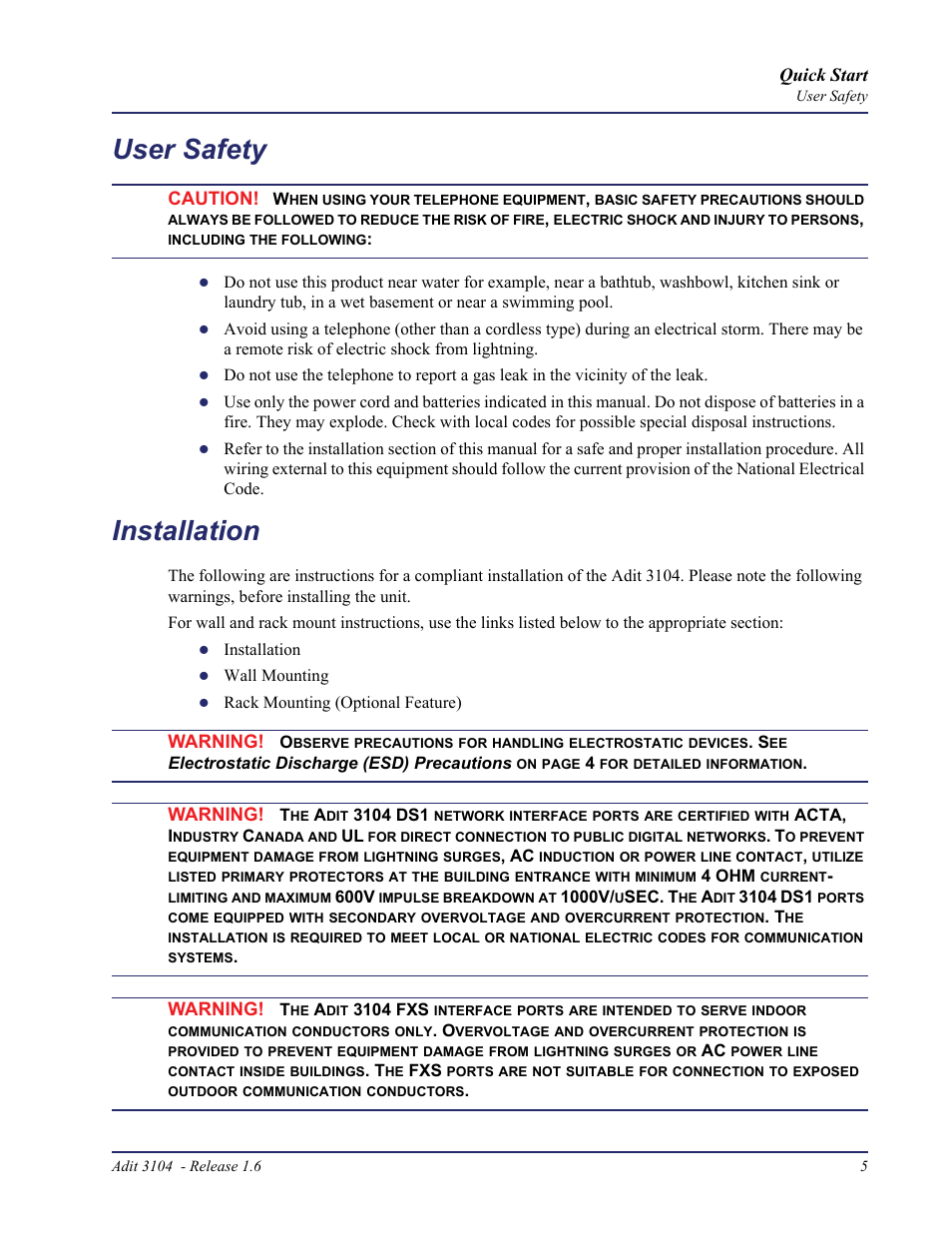 User safety, Installation | Carrier Access Bridge/Router 3104s User Manual | Page 5 / 34