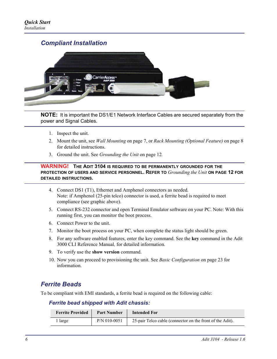 Compliant installation, Ferrite beads | Carrier Access Bridge/Router 3104s User Manual | Page 6 / 34