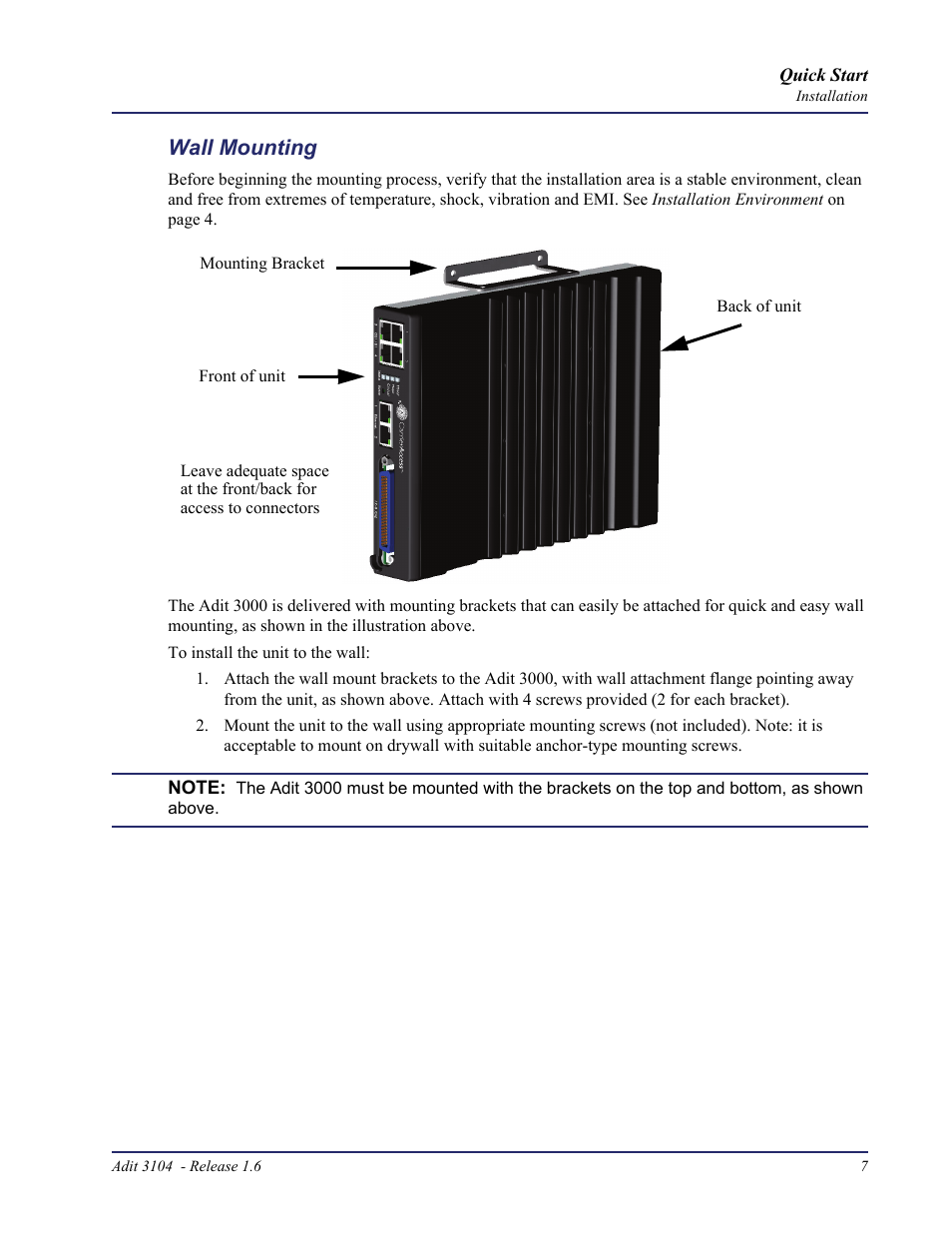 Wall mounting | Carrier Access Bridge/Router 3104s User Manual | Page 7 / 34