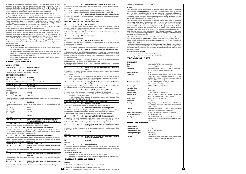 Configurability, Signals and alarms, Technical data | How to order | EVCO EC3T20 User Manual | Page 2 / 2