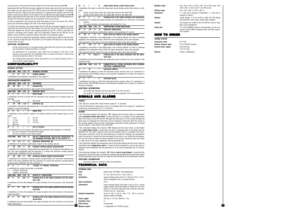 Configurability, How to order, Signals and alarms | Technical da | EVCO EC3T30 User Manual | Page 2 / 2