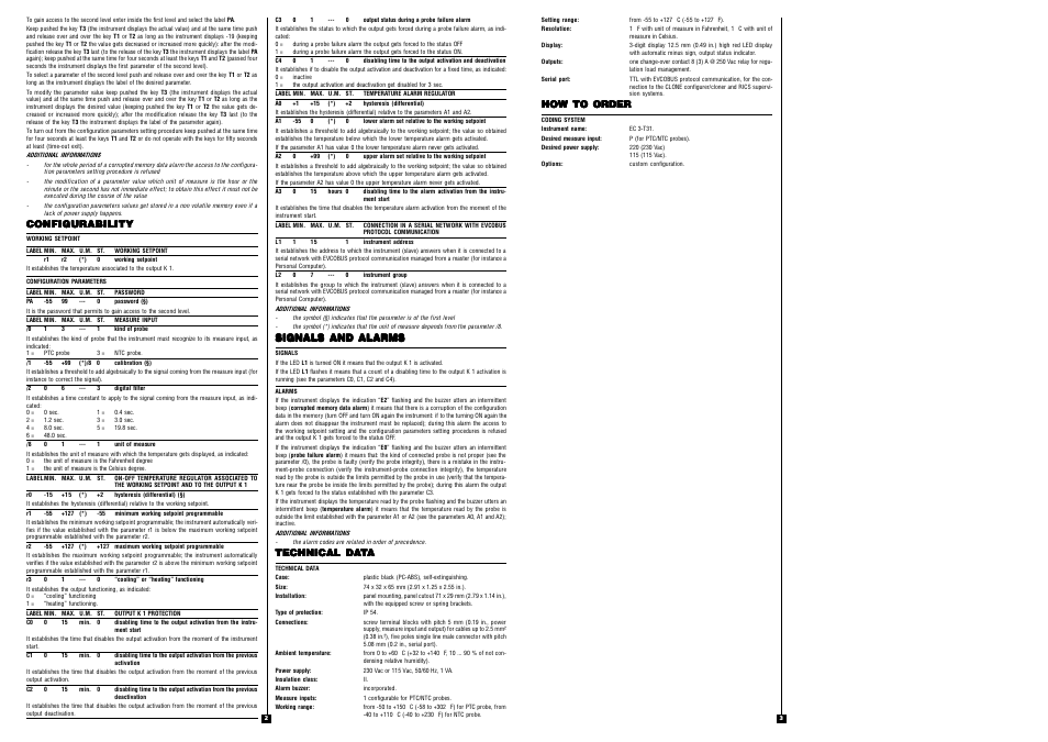 Configurability, How to order, Signals and alarms | Technical da | EVCO EC3T31 User Manual | Page 2 / 2