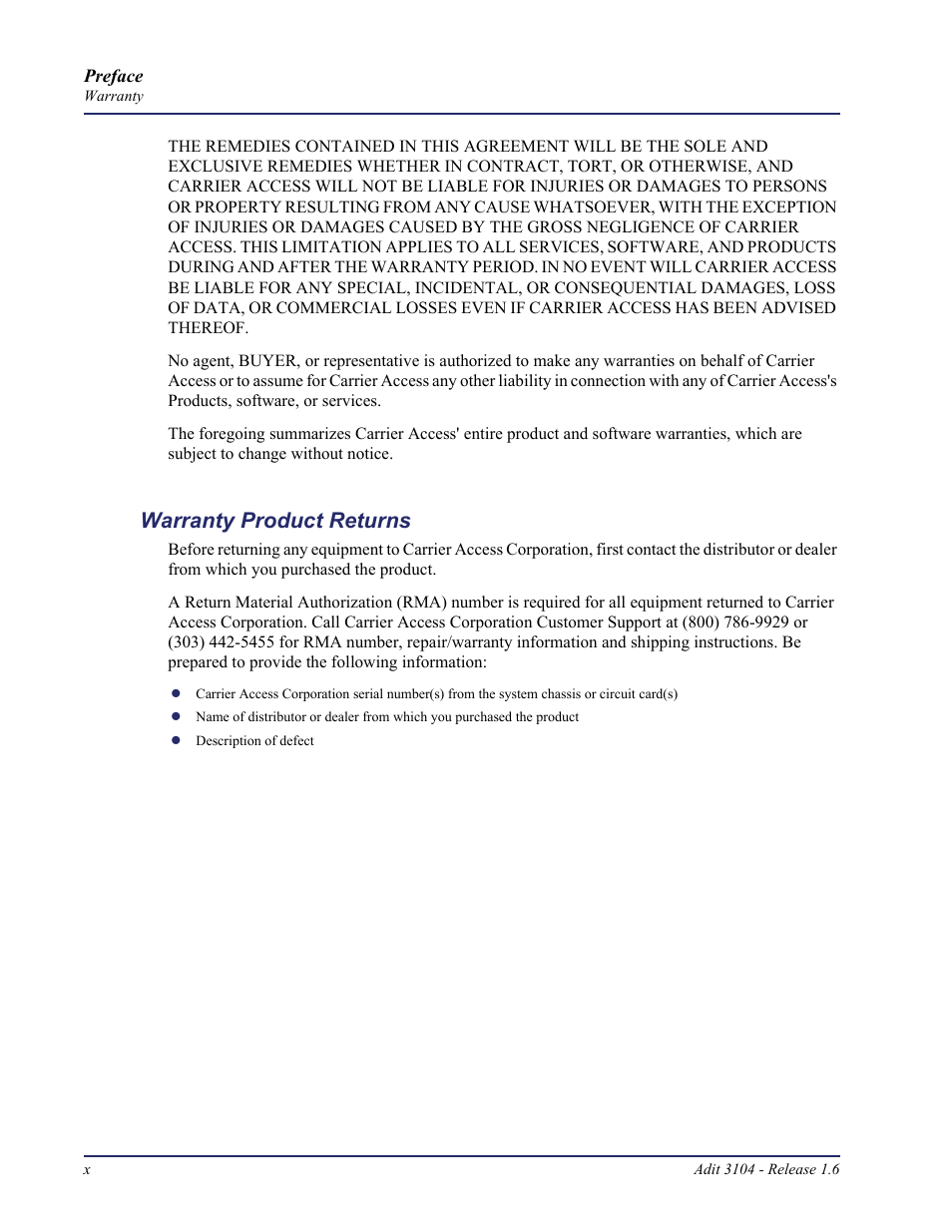 Warranty product returns | Carrier Access Adit 3104 User Manual | Page 10 / 74