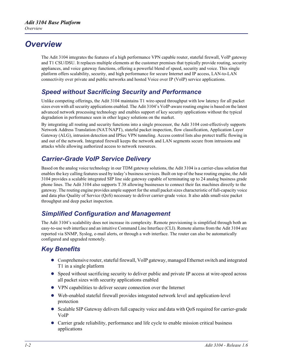 Overview, Speed without sacrificing security and performance, Carrier-grade voip service delivery | Simplified configuration and management, Key benefits, Overview -2 | Carrier Access Adit 3104 User Manual | Page 14 / 74