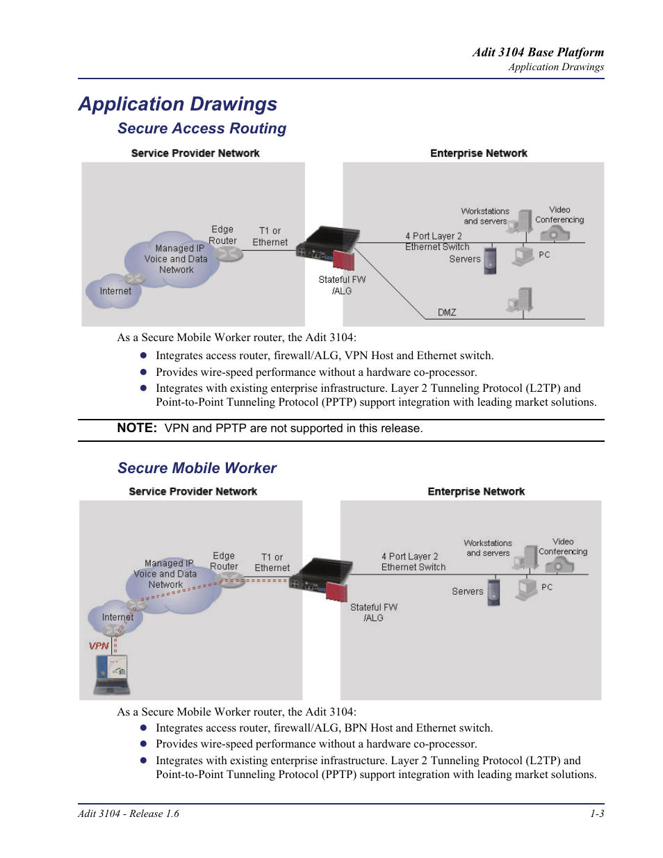 Application drawings, Secure access routing, Secure mobile worker | Application drawings -3, Secure access routing -3 secure mobile worker -3 | Carrier Access Adit 3104 User Manual | Page 15 / 74