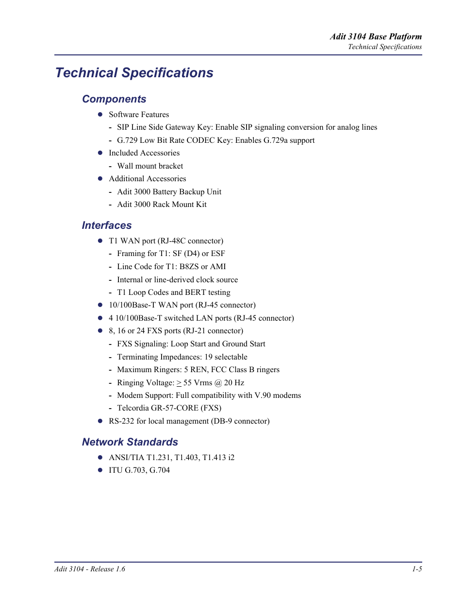 Technical specifications, Components, Interfaces | Network standards, Technical specifications -5, Components -5 interfaces -5 network standards -5 | Carrier Access Adit 3104 User Manual | Page 17 / 74