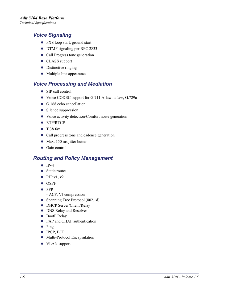 Voice signaling, Voice processing and mediation, Routing and policy management | Carrier Access Adit 3104 User Manual | Page 18 / 74