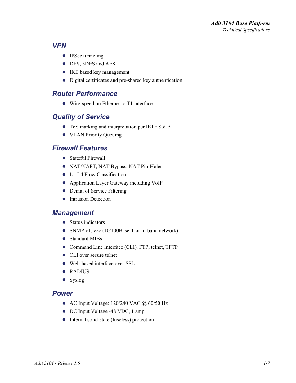 Router performance, Quality of service, Firewall features | Management, Power | Carrier Access Adit 3104 User Manual | Page 19 / 74