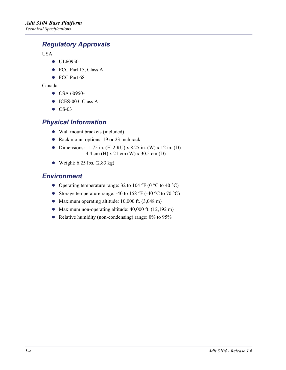 Regulatory approvals, Physical information, Environment | Carrier Access Adit 3104 User Manual | Page 20 / 74