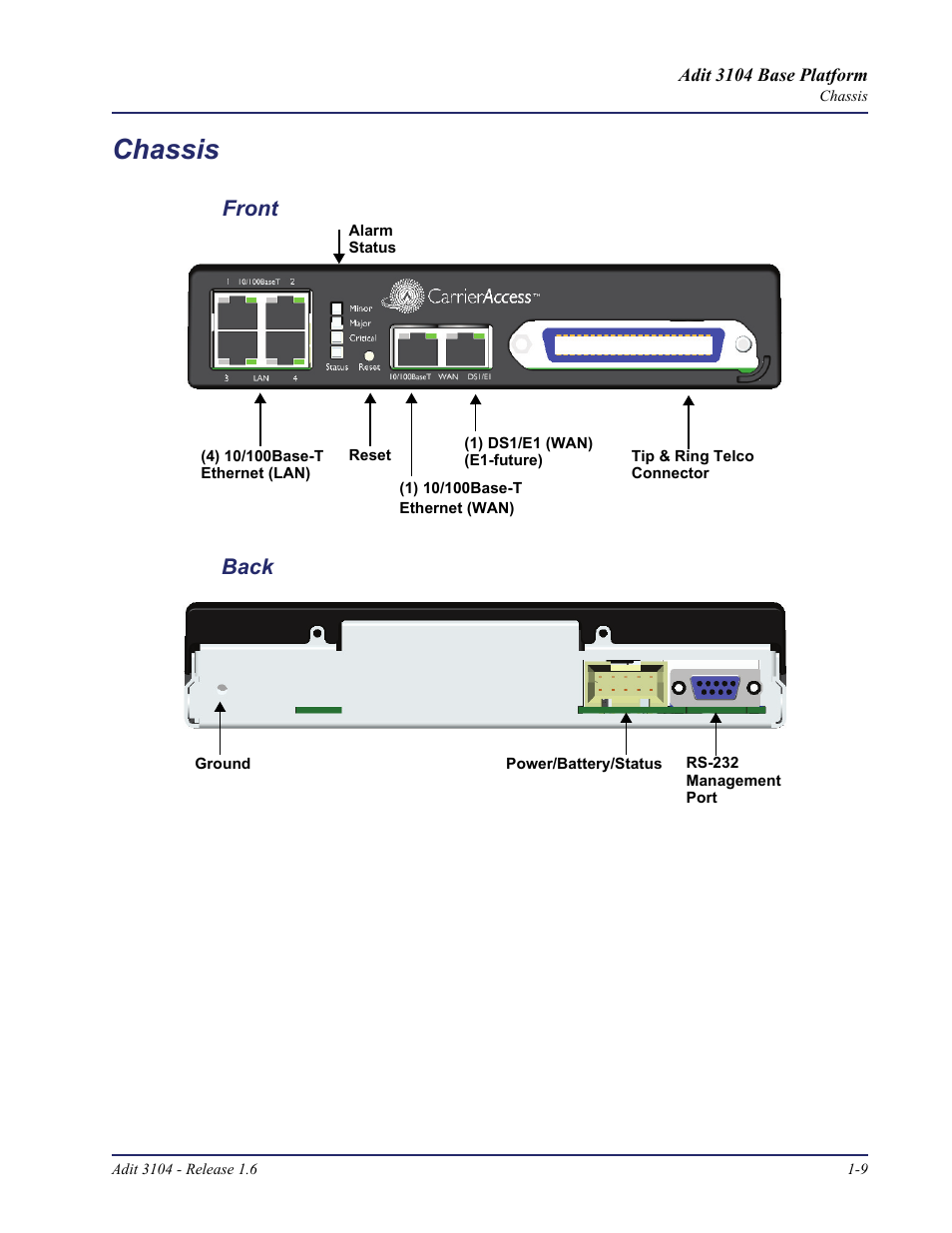 Chassis, Chassis -9, Back front | Carrier Access Adit 3104 User Manual | Page 21 / 74