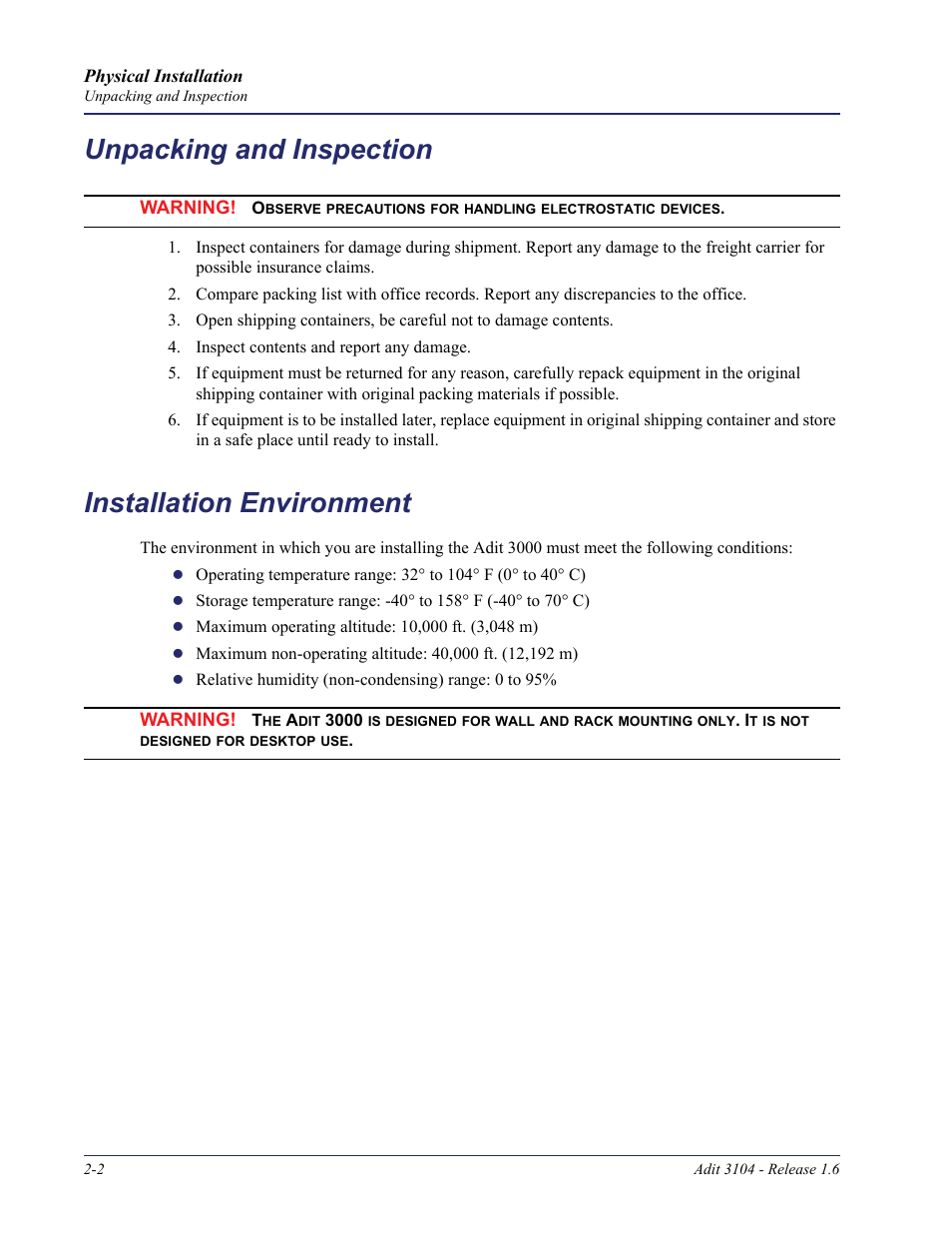 Unpacking and inspection, Installation environment | Carrier Access Adit 3104 User Manual | Page 24 / 74